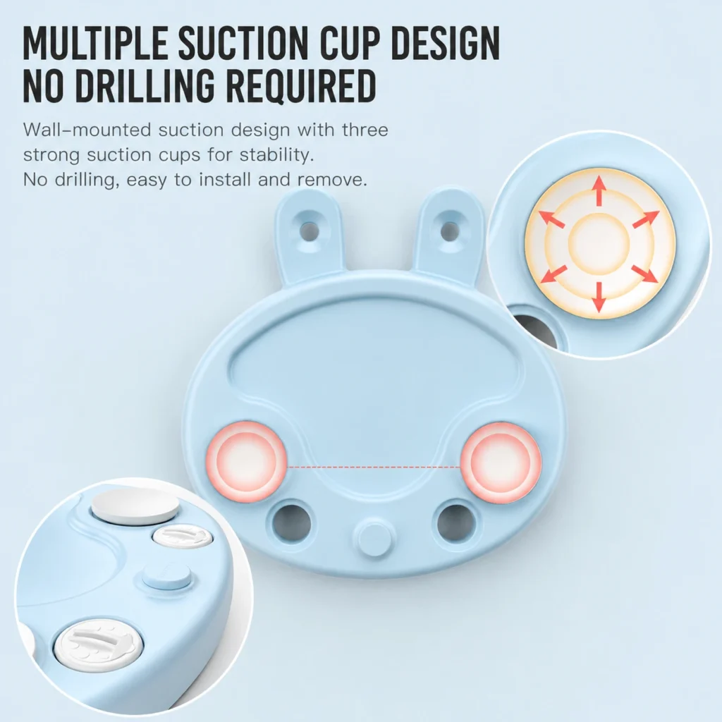Multiple suction cup design on a wall-mounted baby basketball hoop for stable and easy installation from wholesale supplier.