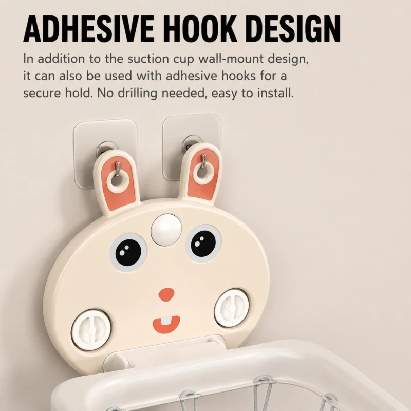 Adhesive hook design for a wall-mounted toddler basketball hoop providing secure hold with no drilling required from factory.