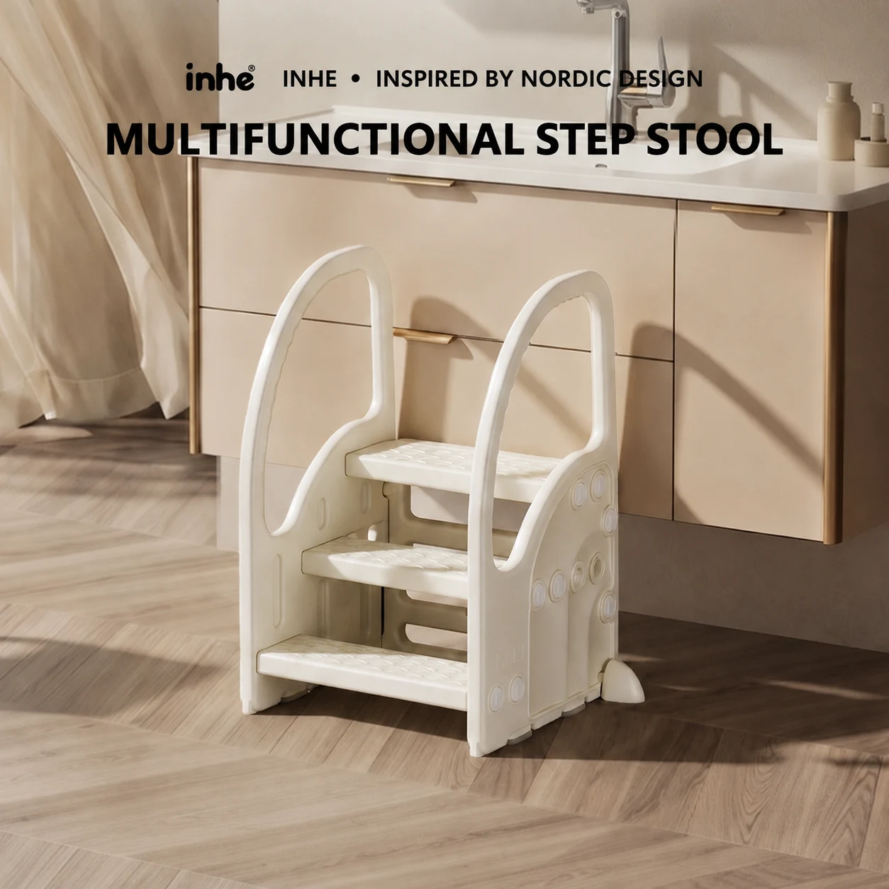 OEM ODM walrus themed kids bathroom sink step stool with dual safety handles, designed for toddler hand washing and teeth brushing independence.