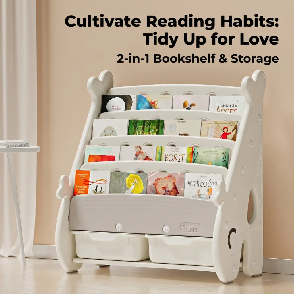 Minimalist kids bookshelf and forward-facing picture book organizer in a modern nursery playroom from wholesale children furniture supplier.