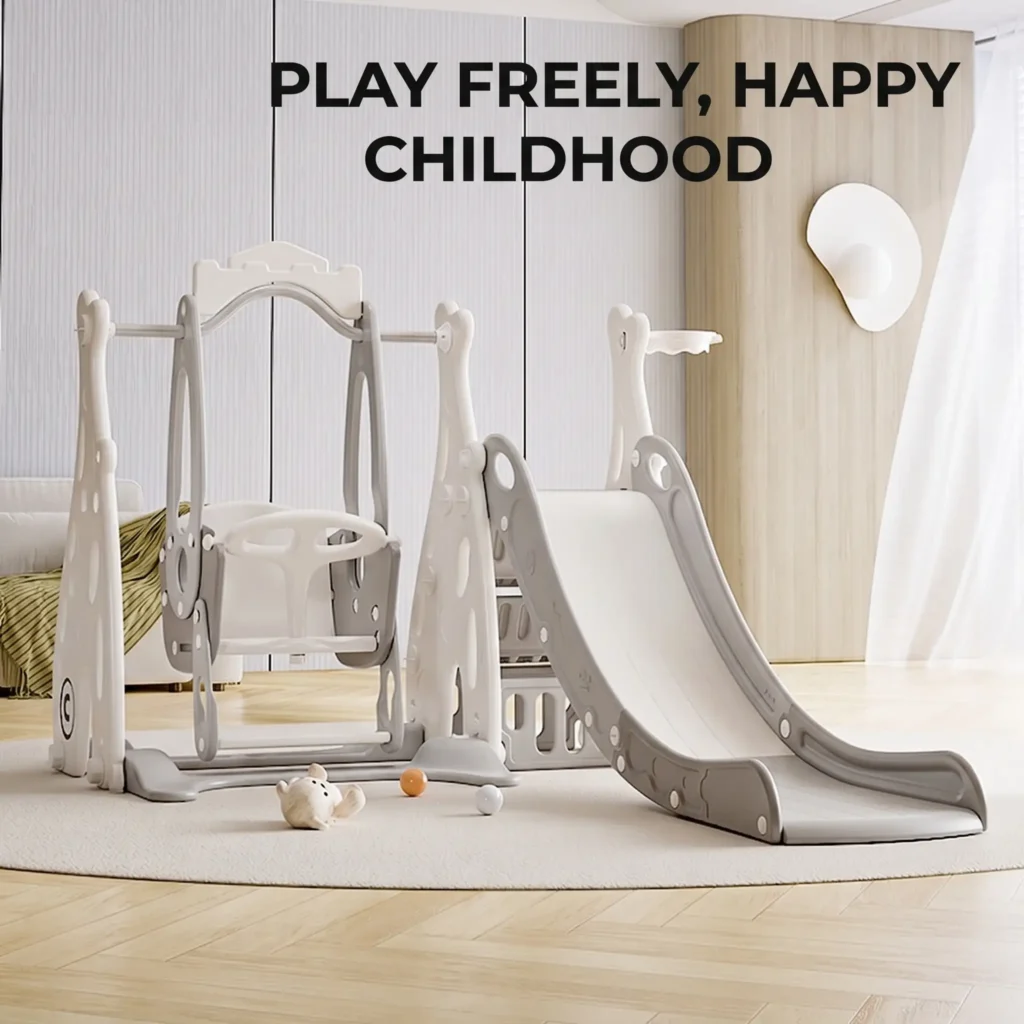 Premium indoor toddler slide and kids swing slide combination set in a modern minimalist nursery from OEM factory manufacturer.