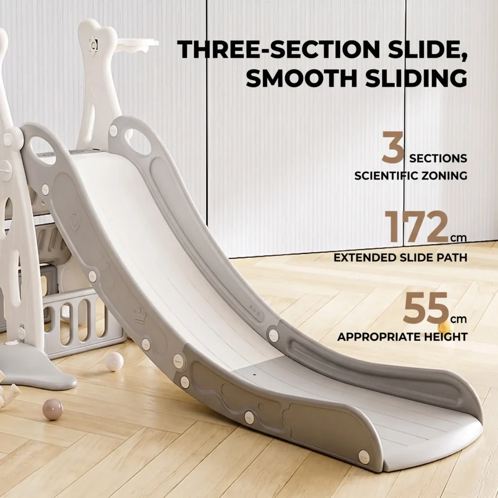 Minimalist kids slide with extended safety buffer featuring a 172cm extended slide path for scientific scientific zoning and smooth sliding.
