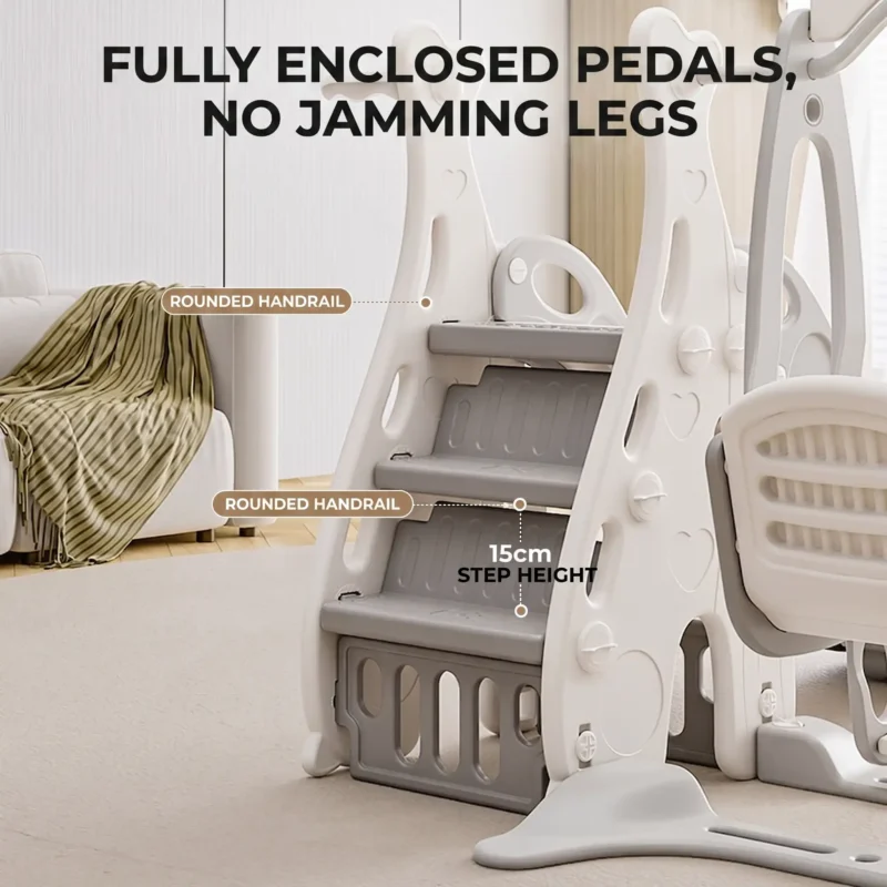 Toddler indoor slides wholesale showcasing fully enclosed anti slip pedals and rounded handrails to prevent jamming legs.