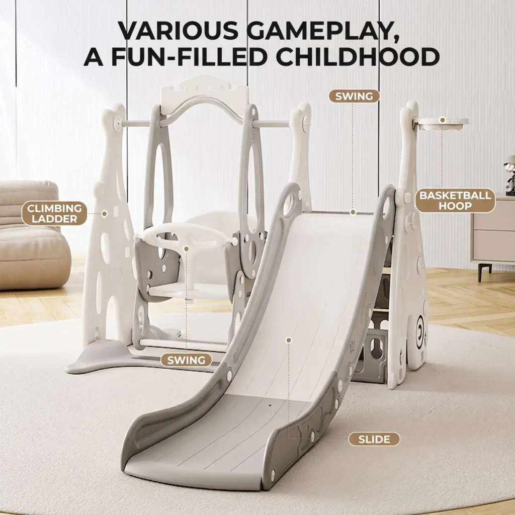 Multifunctional whale swing and slide set wholesale featuring an integrated basketball hoop for nursery indoor play equipment.