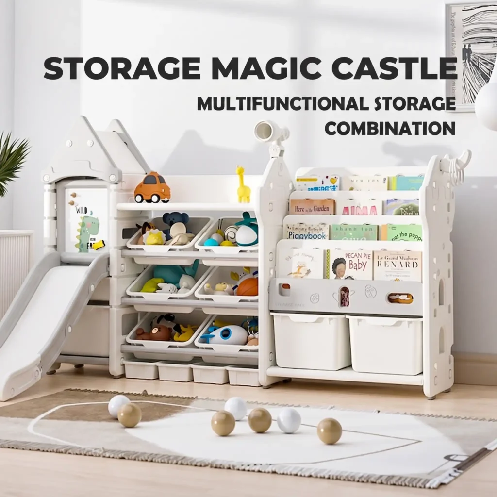 Minimalist kids white castle theme storage cabinet with indoor slide compliant with CPC Certificate requirements from China supplier.