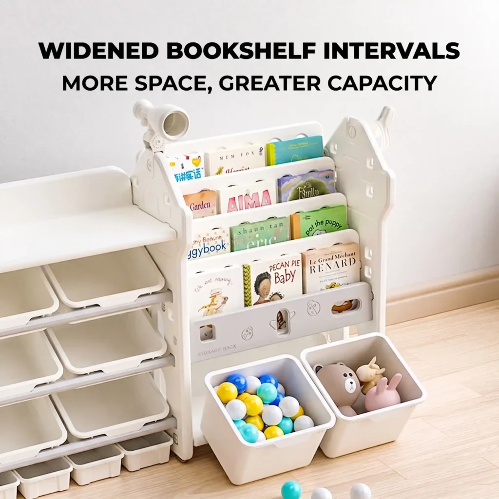 Modular design children storage cabinet wholesale showing widened bookshelf intervals with large capacity plastic bins underneath.