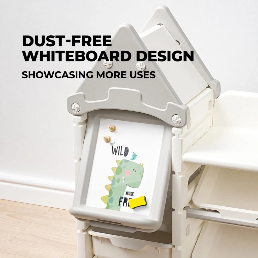 Custom eco-friendly kids storage racks verified by PP Testing Report featuring an integrated dust-free magnetic drawing board.