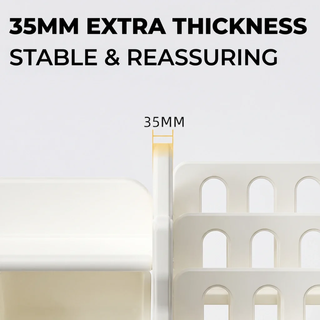 High capacity preschool storage shelves from China factory showcasing a 35mm extra thickness side panel for maximum heavy-load stability.