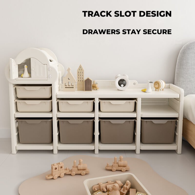 Custom eco-friendly kids storage racks with ASTM+CCPIA Testing Report featuring a track slot design to keep drawers secure.
