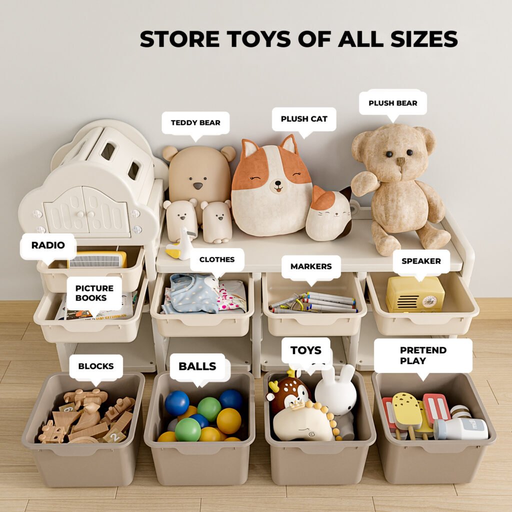 Smartly divided toddler toy storage cabinets from China factory showing multi-size storage spaces for books blocks and plush toys.
