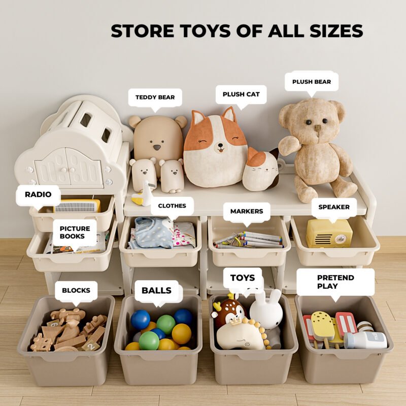 Smartly divided toddler toy storage cabinets from China factory showing multi-size storage spaces for books blocks and plush toys.