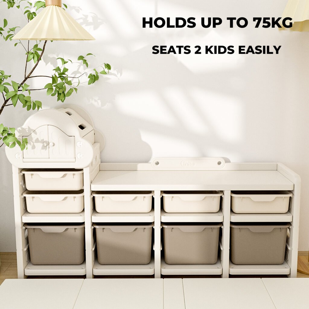 High capacity preschool storage shelves featuring a heavy duty toddler storage bench structure that holds up to 75kg.