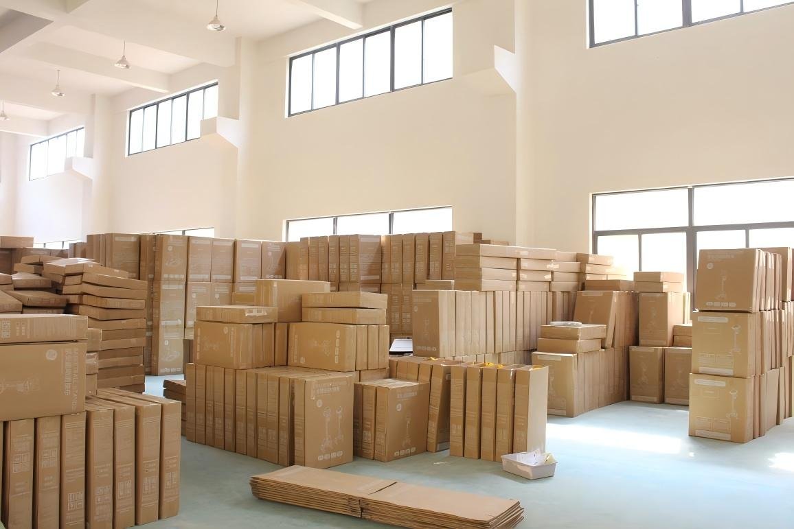 Packed cartons stored in the Inhekids warehouse.