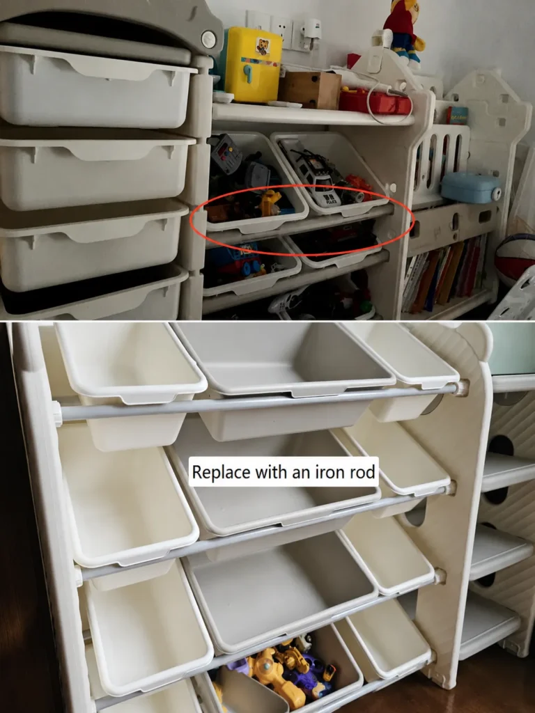 Comparison showing a children’s toy storage rack upgraded from plastic support rods to iron rods.