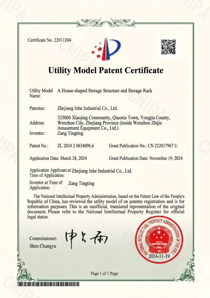 An English translation of a Utility Model Patent Certificate issued by CNIPA to Zhejiang Inhe Industrial Co., Ltd. for a house-shaped storage structure and kids storage rack.